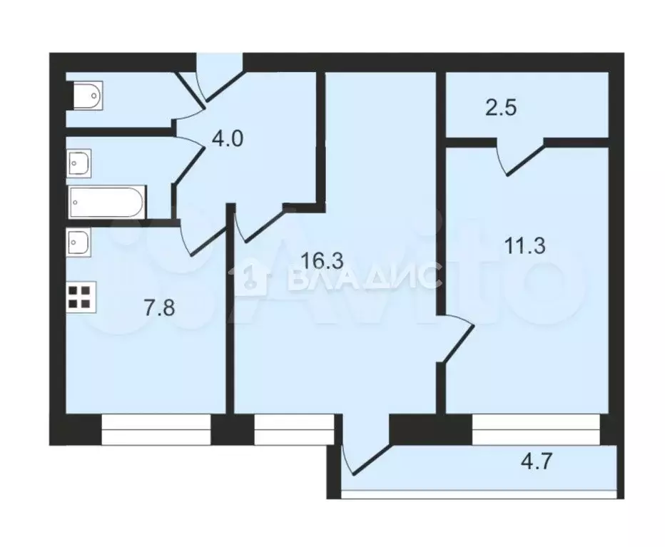 2-к. квартира, 46,4 м, 4/9 эт. - Фото 0