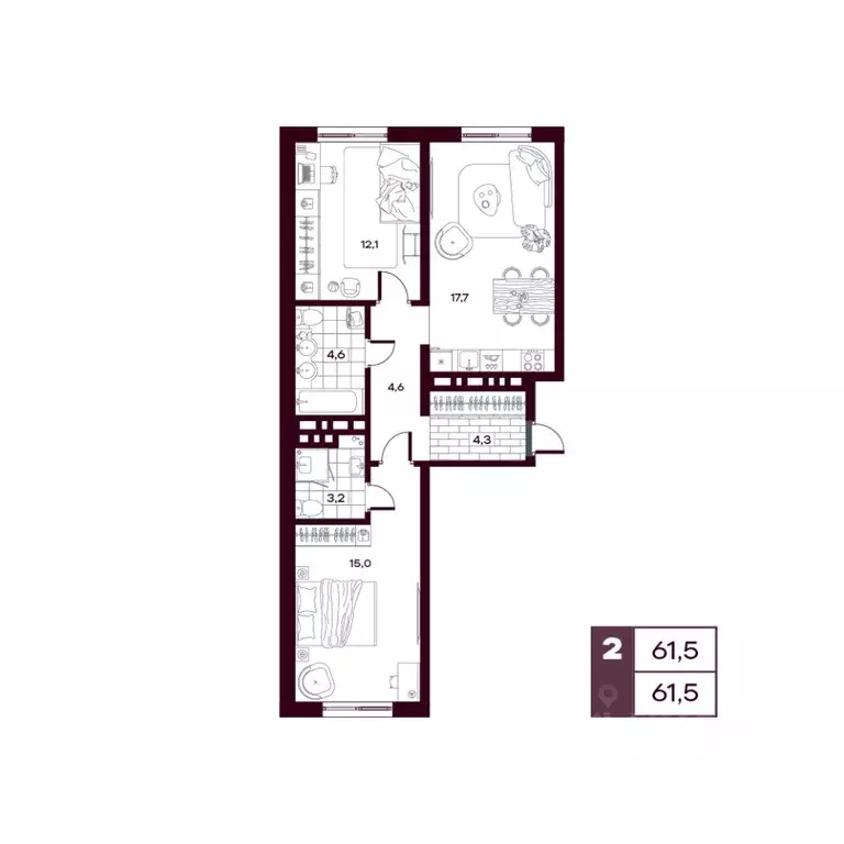 2-к кв. Тюменская область, Тюменский муниципальный округ, д. Дударева ... - Фото 1