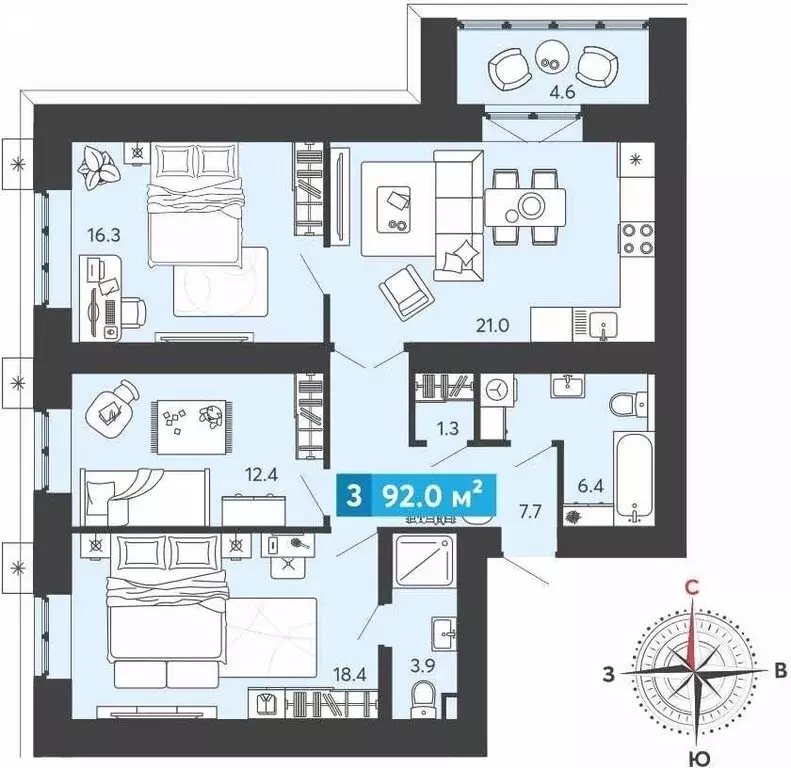 3-комнатная квартира: Засечное, Прибрежный бульвар, 5 (92 м) - Фото 1