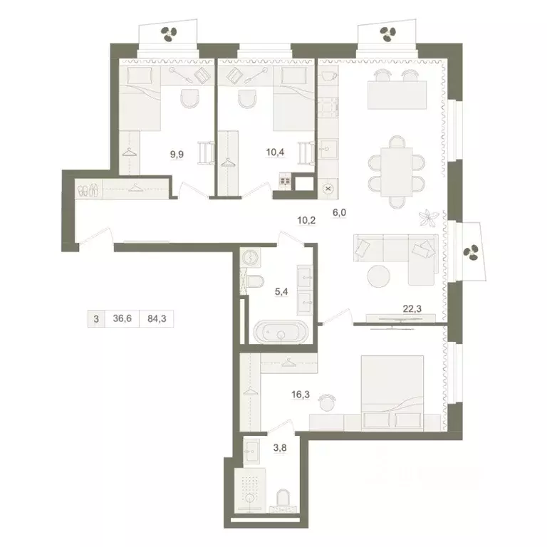 3-к кв. Башкортостан, Уфа Родина Парк жилой комплекс (84.3 м) - Фото 1