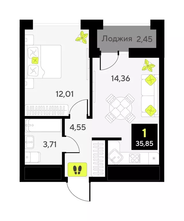 1-комнатная квартира: Тюмень, улица Андрея Приказнова, 7 (33.9 м) - Фото 1