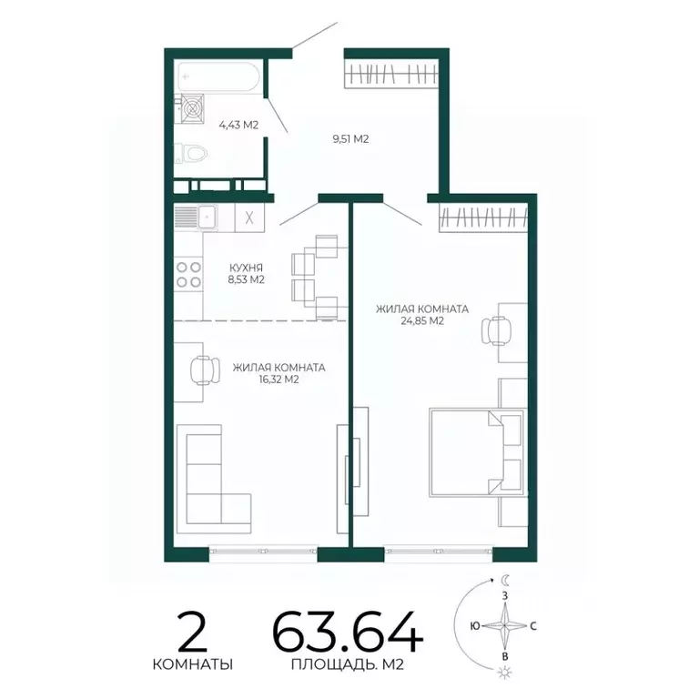 2-к кв. Пензенская область, Пенза Чаадаев жилой комплекс (63.64 м) - Фото 1
