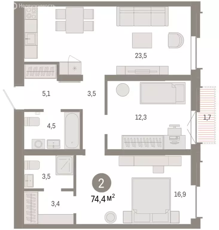 2-комнатная квартира: Тюмень, жилой комплекс Республики 205 (74.43 м) - Фото 1