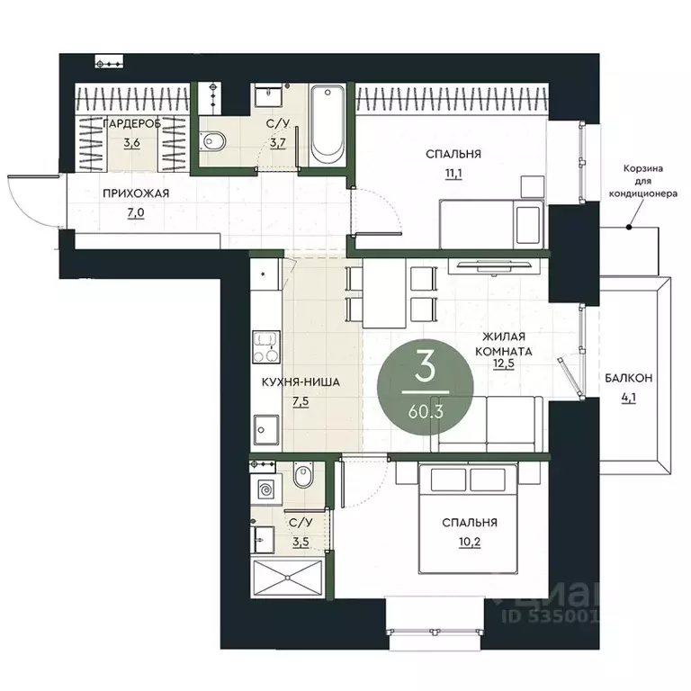 3-к кв. Красноярский край, Красноярск Калина Долина жилой комплекс ... - Фото 1