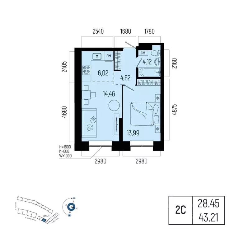 2-к кв. Башкортостан, Уфа Глумилино-1 мкр, Новатор жилой комплекс ... - Фото 1