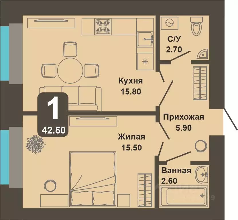 1-к кв. Чувашия, Чебоксары ул. И.П. Прокопьева (42.5 м) - Фото 1