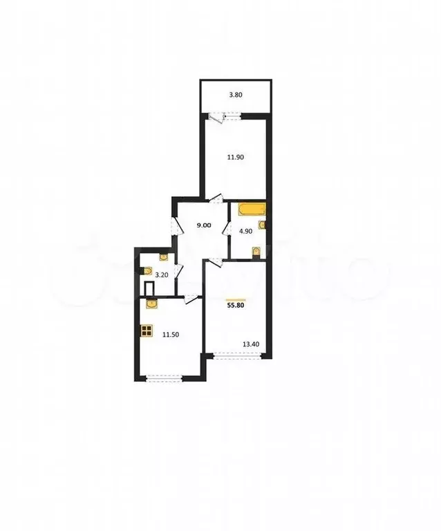 2-к. квартира, 55,8 м, 2/4 эт. - Фото 1