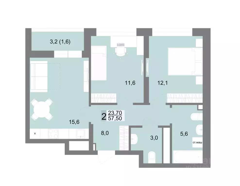 2-к кв. Свердловская область, Екатеринбург ул. Семена Лагоды, 80 (57.5 ... - Фото 1