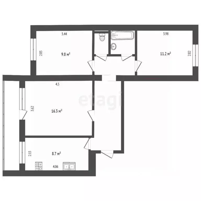 3-к кв. Томская область, Томск тракт Иркутский, 118 (57.4 м) - Фото 1