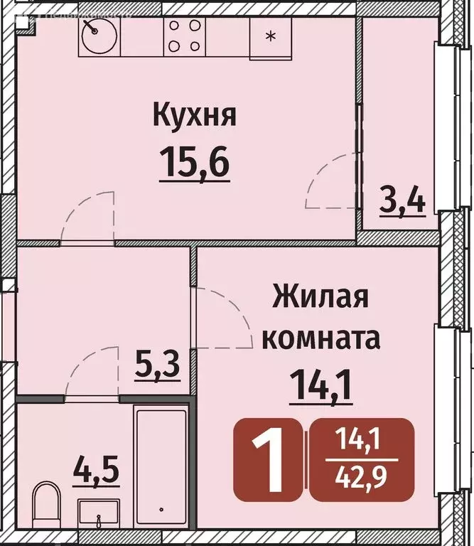 1-комнатная квартира: Чебоксары, улица Энергетиков, поз6 (42.9 м) - Фото 0