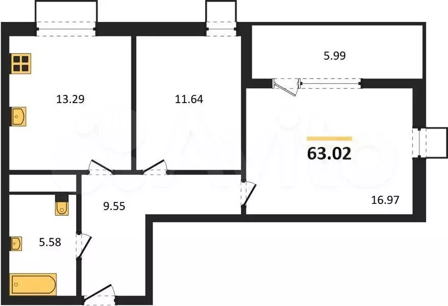2-к. квартира, 63 м, 3/4 эт. - Фото 1