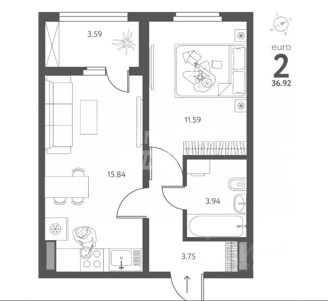 2-к кв. Липецкая область, Липецк ул. Перова, 2 (36.99 м) - Фото 2