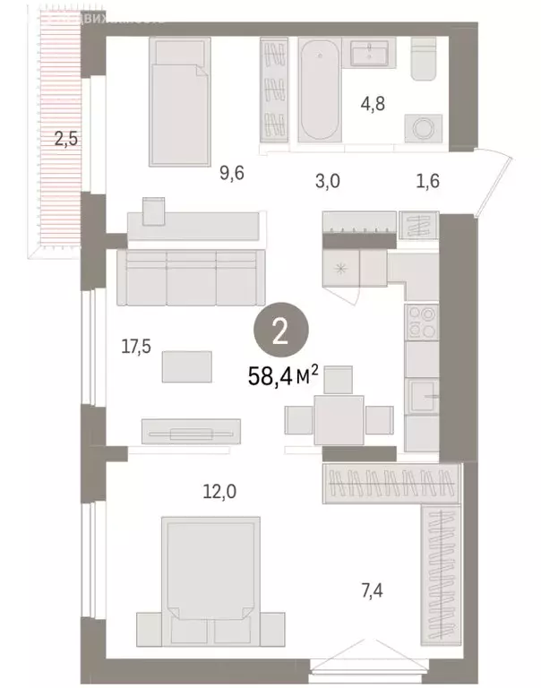 2-комнатная квартира: Новосибирск, улица Аэропорт, 90 (58.36 м) - Фото 2