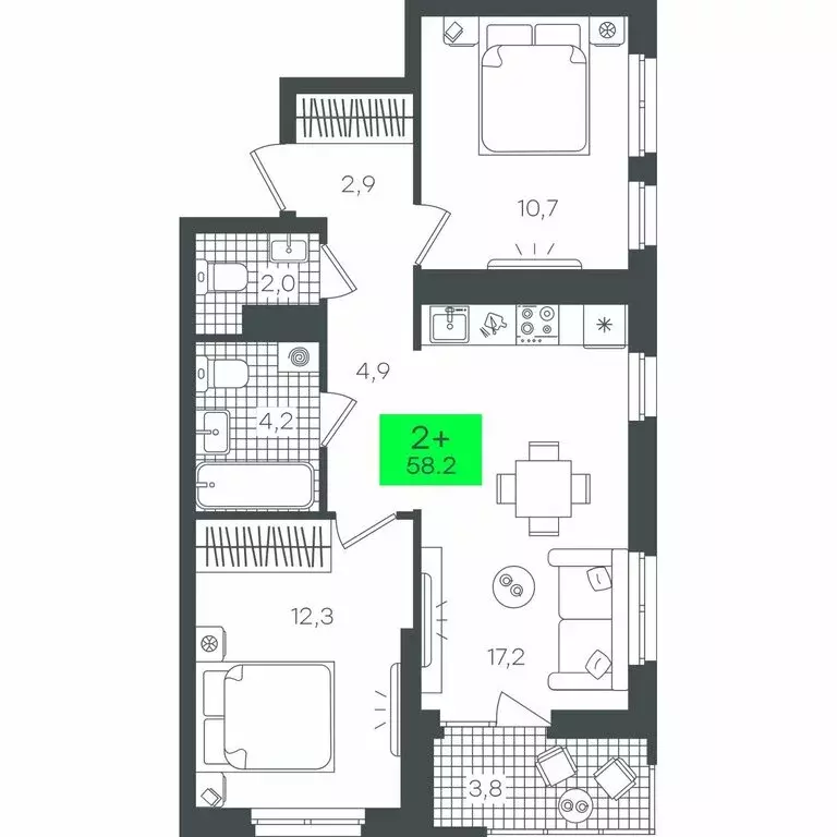 2-комнатная квартира: Тюмень, жилой комплекс Гранд Квартал (60.2 м) - Фото 0