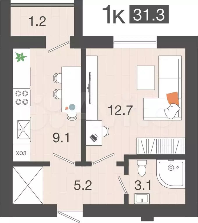 1-к. квартира, 31,3 м, 1/4 эт. - Фото 0