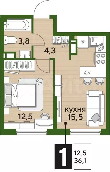 1-к. квартира, 36,1 м, 12/16 эт. - Фото 1