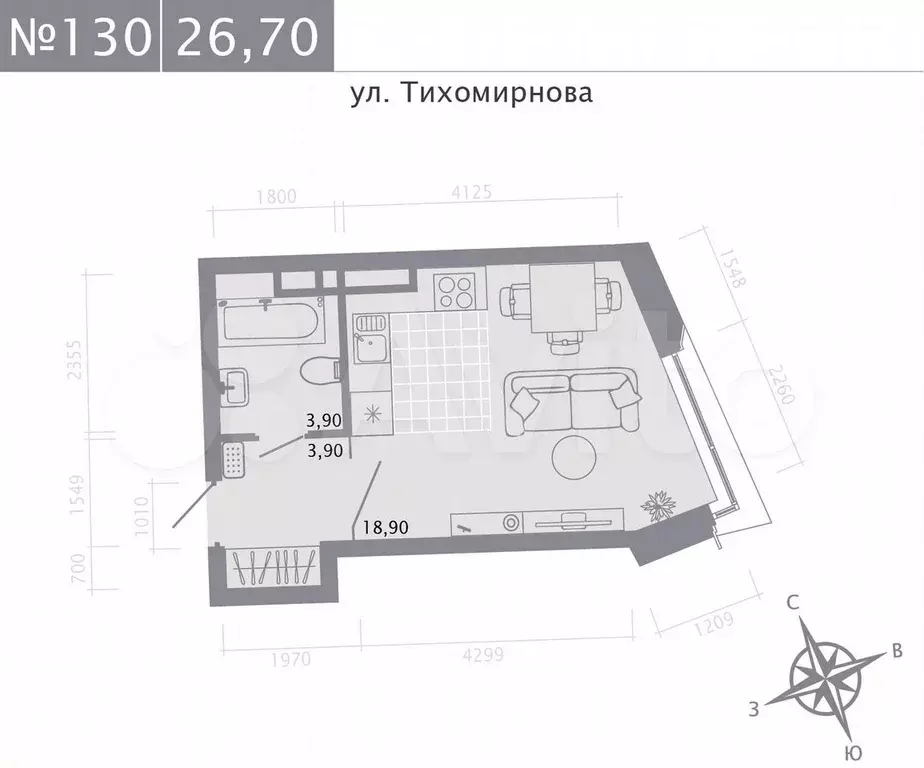 Квартира-студия, 26,7 м, 4/5 эт. - Фото 0