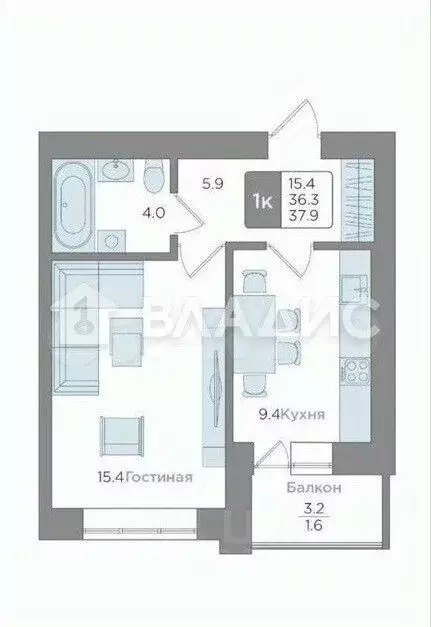 1-к кв. Калининградская область, Калининград Новгородская ул., 5к1 ... - Фото 1