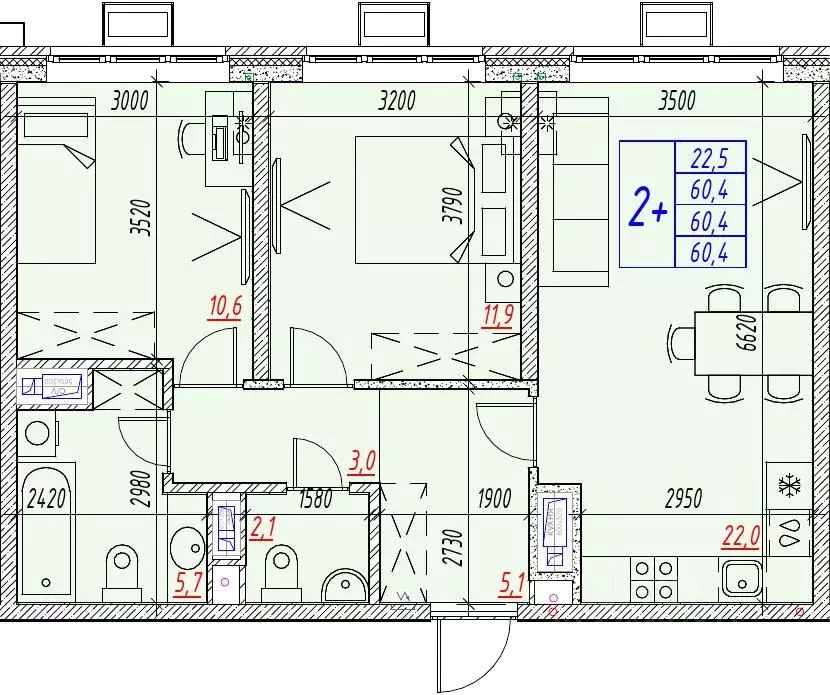 3-к кв. Астраханская область, Астрахань ул. Бэра, 29 (60.4 м) - Фото 2