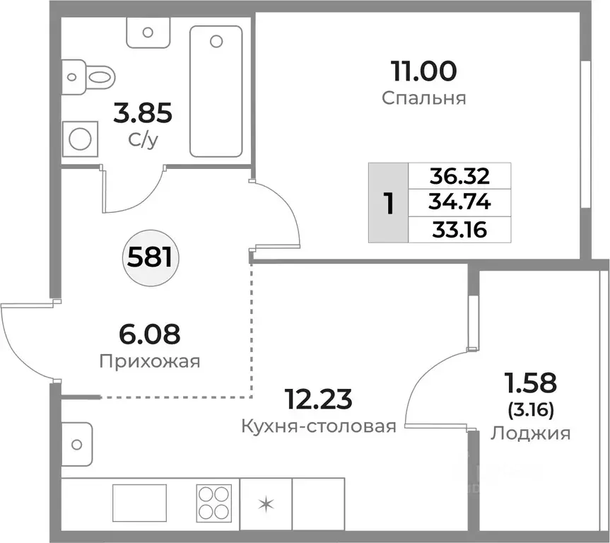 1-к кв. Калининградская область, Калининград Пригородная ул. (34.74 м) - Фото 0