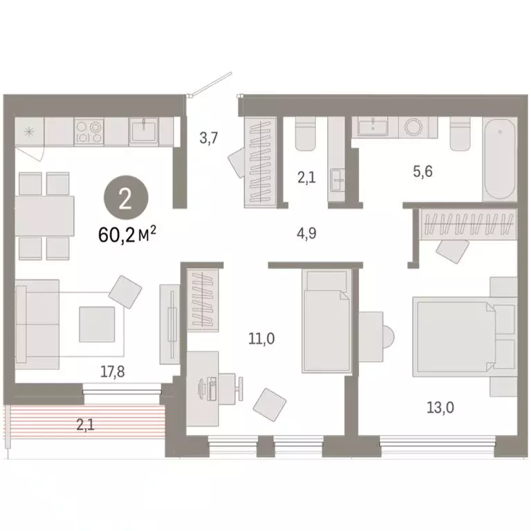 2-комнатная квартира: Тюмень, улица Республики, 205к1 (60.2 м) - Фото 2
