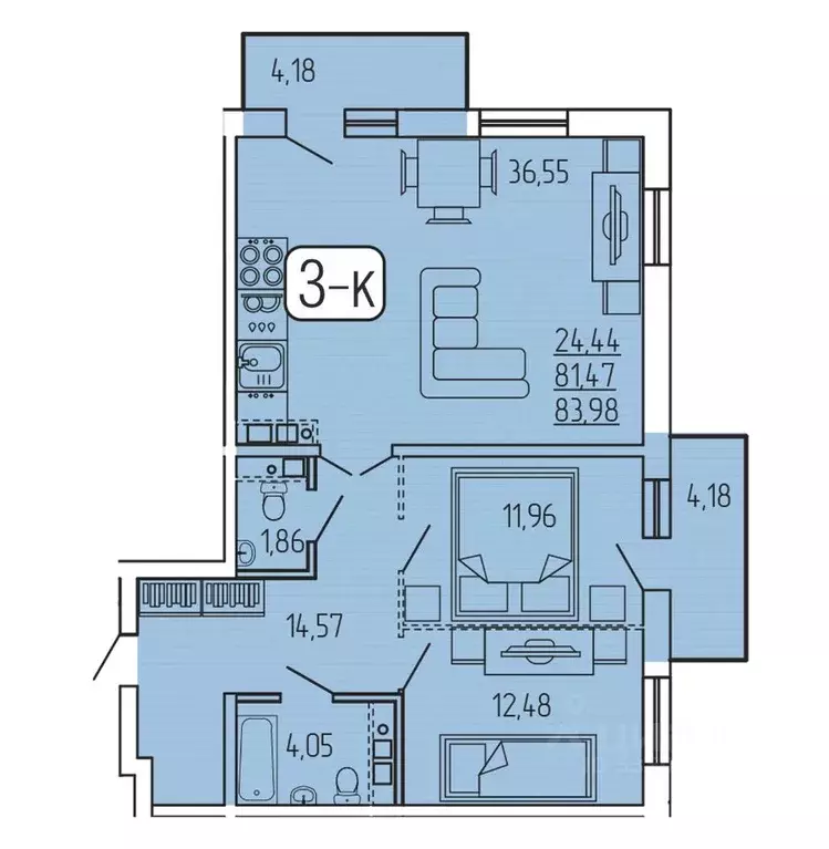 3-к кв. Бурятия, Улан-Удэ 140Б мкр,  (83.98 м) - Фото 1