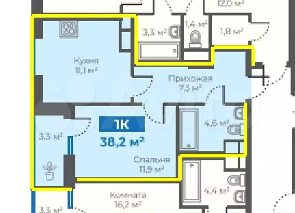 1-к. квартира, 38,2 м, 11/15 эт. - Фото 0