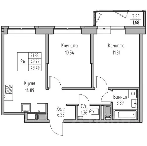 2-к кв. Санкт-Петербург ул. Ивинская, 1к4 (49.4 м) - Фото 1