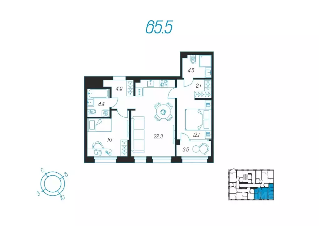 2-к кв. Тульская область, Тула ул. Михеева, 9А (65.5 м) - Фото 1