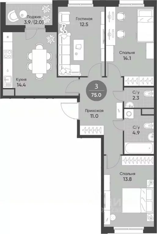 3-к кв. Новосибирская область, Кольцово рп Счастье в Кольцово жилой ... - Фото 1