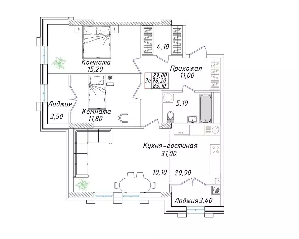 2-комнатная квартира: Ставрополь, улица Якова Андрюшина, 3 (85.1 м) - Фото 0