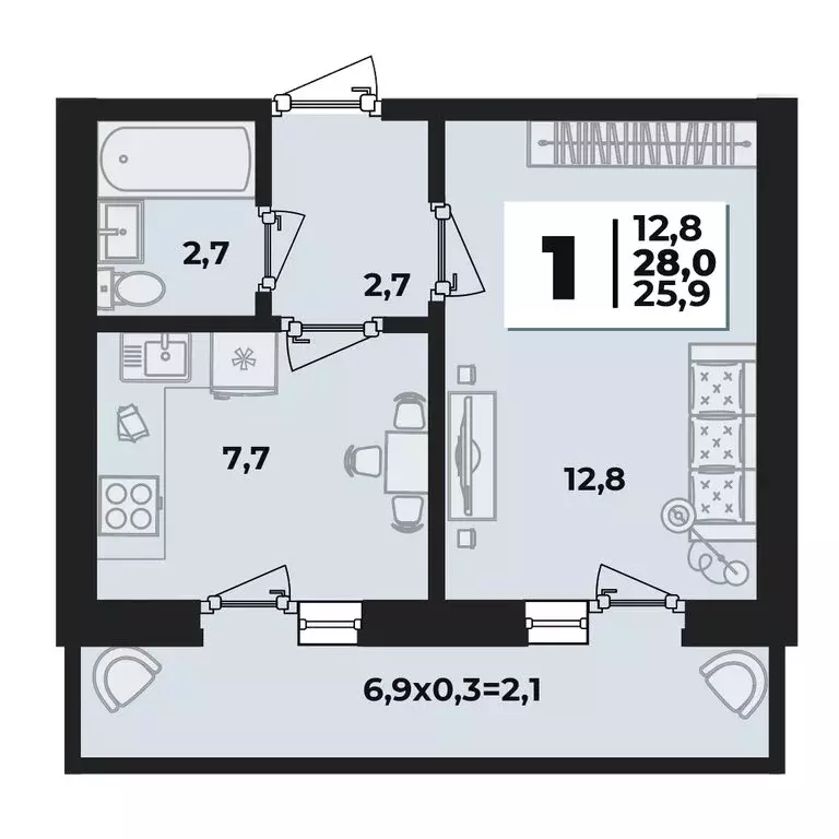 1-комнатная квартира: аул Новая Адыгея, ЖК Дарград (28 м) - Фото 1