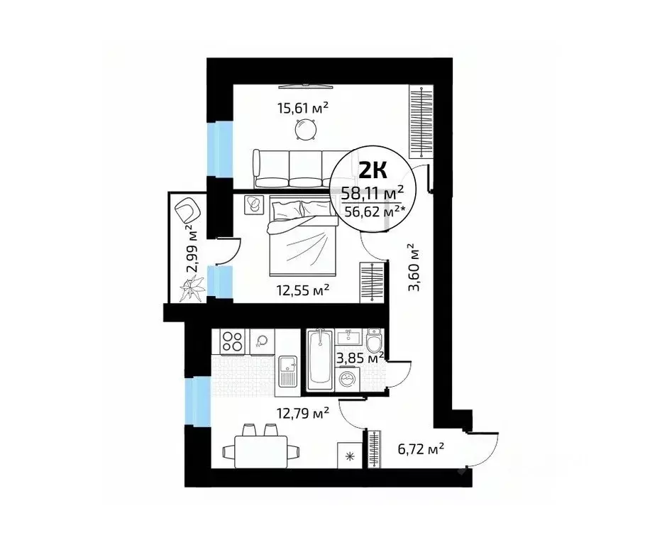 2-к кв. Самарская область, Самара пос. Мехзавод, 1-й кв-л, 50 (58.11 ... - Фото 1