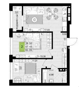 2-к. квартира, 60,9 м, 3/9 эт. - Фото 1