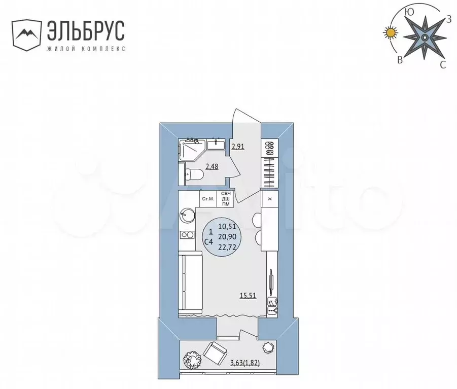 Квартира-студия, 22,7 м, 4/20 эт. - Фото 0