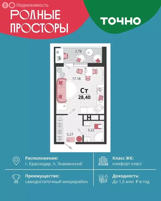 Квартира-студия: посёлок Знаменский, Природная улица, 10Бк19 (28 м) - Фото 1