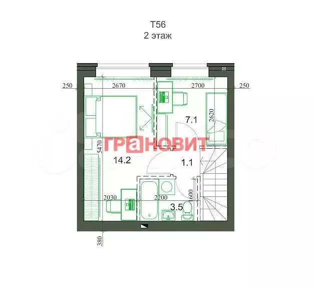 2-к. квартира, 54 м, 2/2 эт. - Фото 1