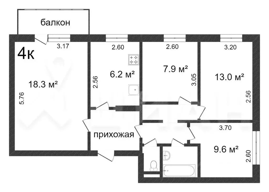 4-к кв. Белгородская область, Белгород ул. Щорса, 44 (71.6 м) - Фото 2