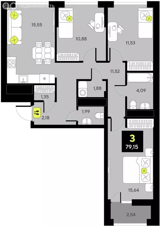 3-комнатная квартира: Тюмень, жилой комплекс Мотивы (79.15 м) - Фото 0