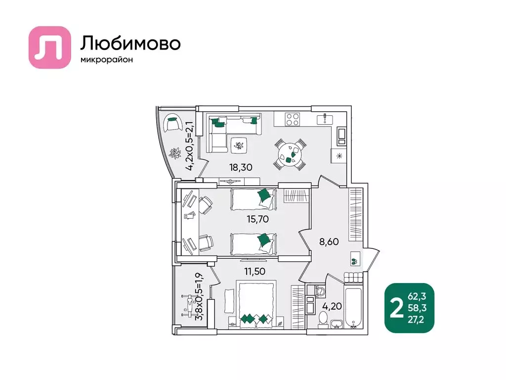 2-комнатная квартира: Краснодар, микрорайон Любимово, 5 (62.3 м) - Фото 0