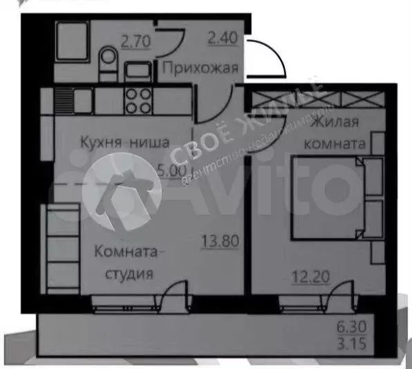 2-к. квартира, 42,4 м, 6/9 эт. - Фото 0