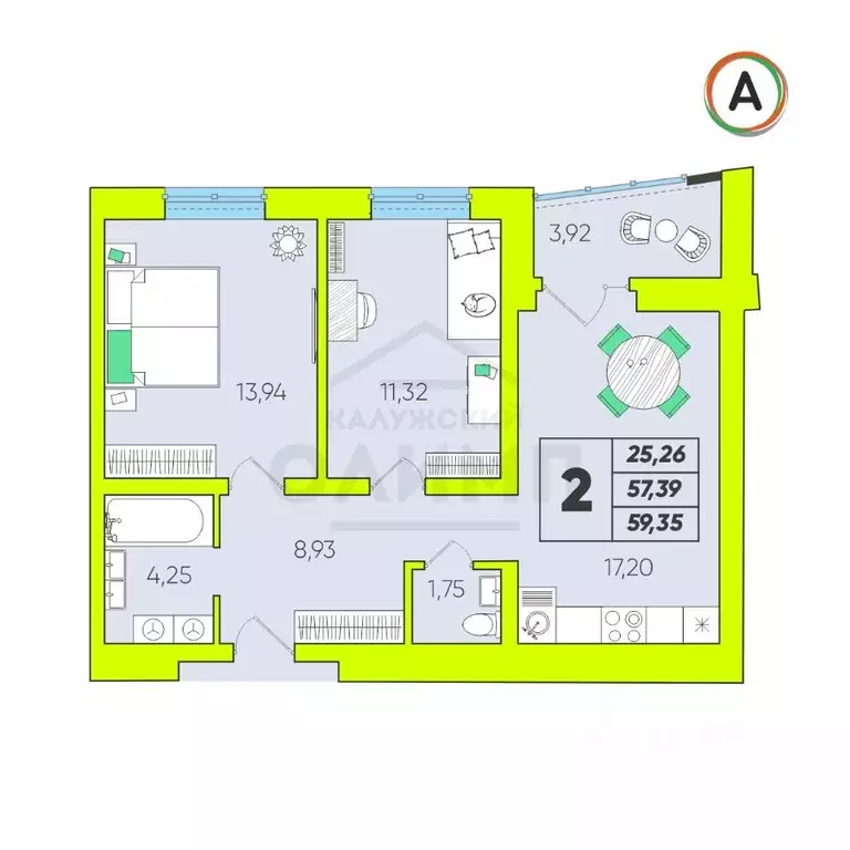 2-к кв. Калужская область, Калуга Новая ул., 47/3 (53.68 м) - Фото 0
