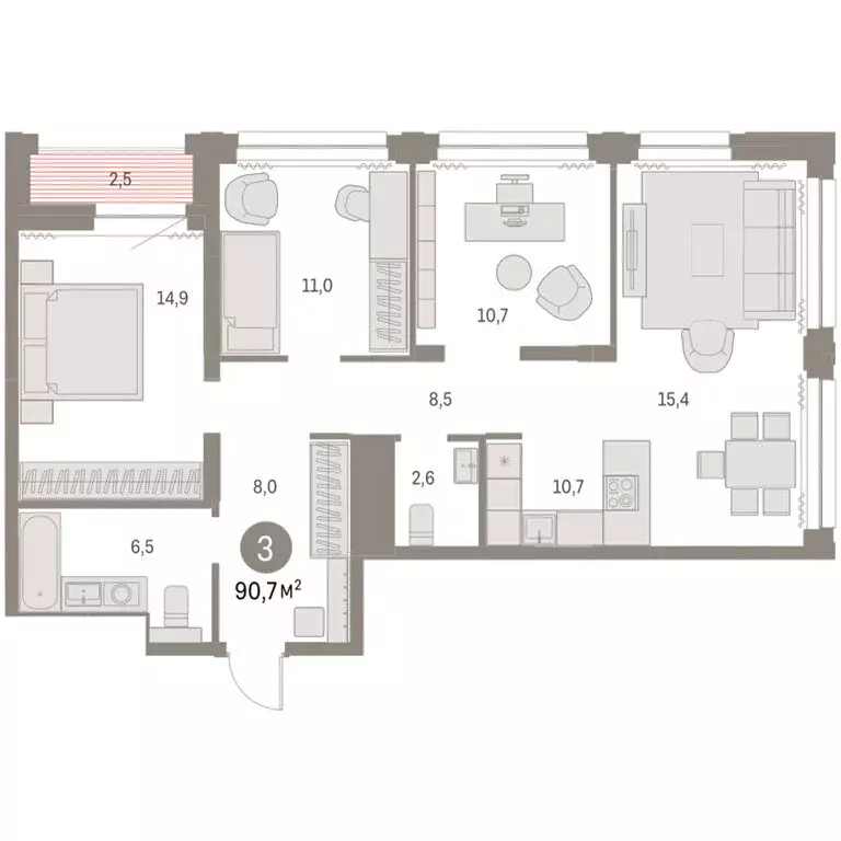 3-комнатная квартира: Новосибирск, жилой комплекс Мылзавод (90.66 м) - Фото 2