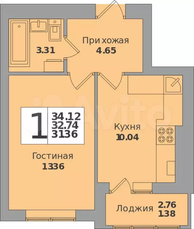 1-к. квартира, 34,1 м, 7/8 эт. - Фото 0