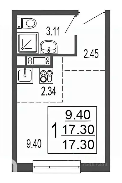Студия Московская область, Лыткарино 6-й мкр, 15Д (17.3 м) - Фото 1