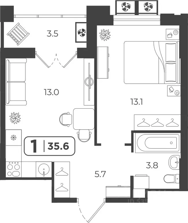 1-к кв. Тюменская область, Тюмень  (35.68 м) - Фото 0