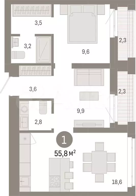 1-к. квартира, 55,8 м, 23/25 эт. - Фото 1