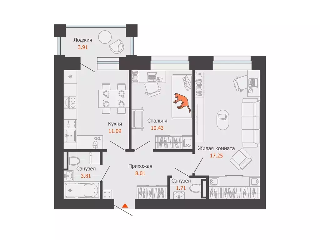 2-к квартира, 54 м - Фото 0
