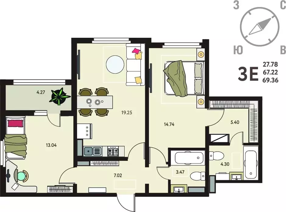 2-комнатная квартира: Липецк, ЖК Инстеп. Механизаторов (69.36 м) - Фото 1