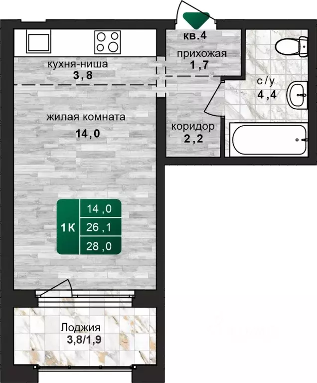 1-к кв. Алтайский край, Барнаул ул. 6-я Нагорная, 15Вк4 (28.0 м) - Фото 1